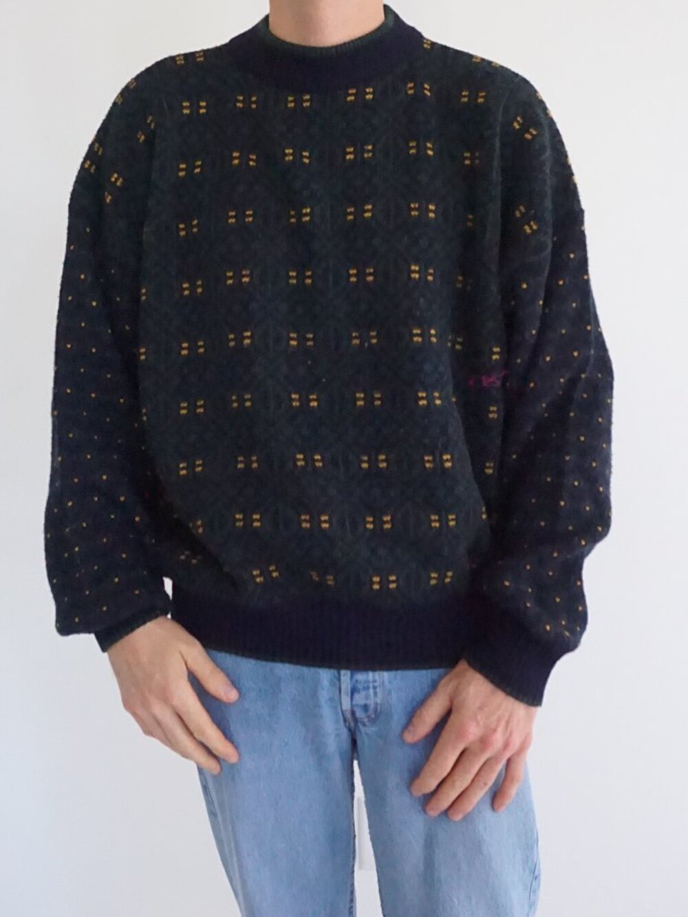Vintage Claybrooke Green Navy Gold Geometric Wool Blend Made In Italy Sweater XL